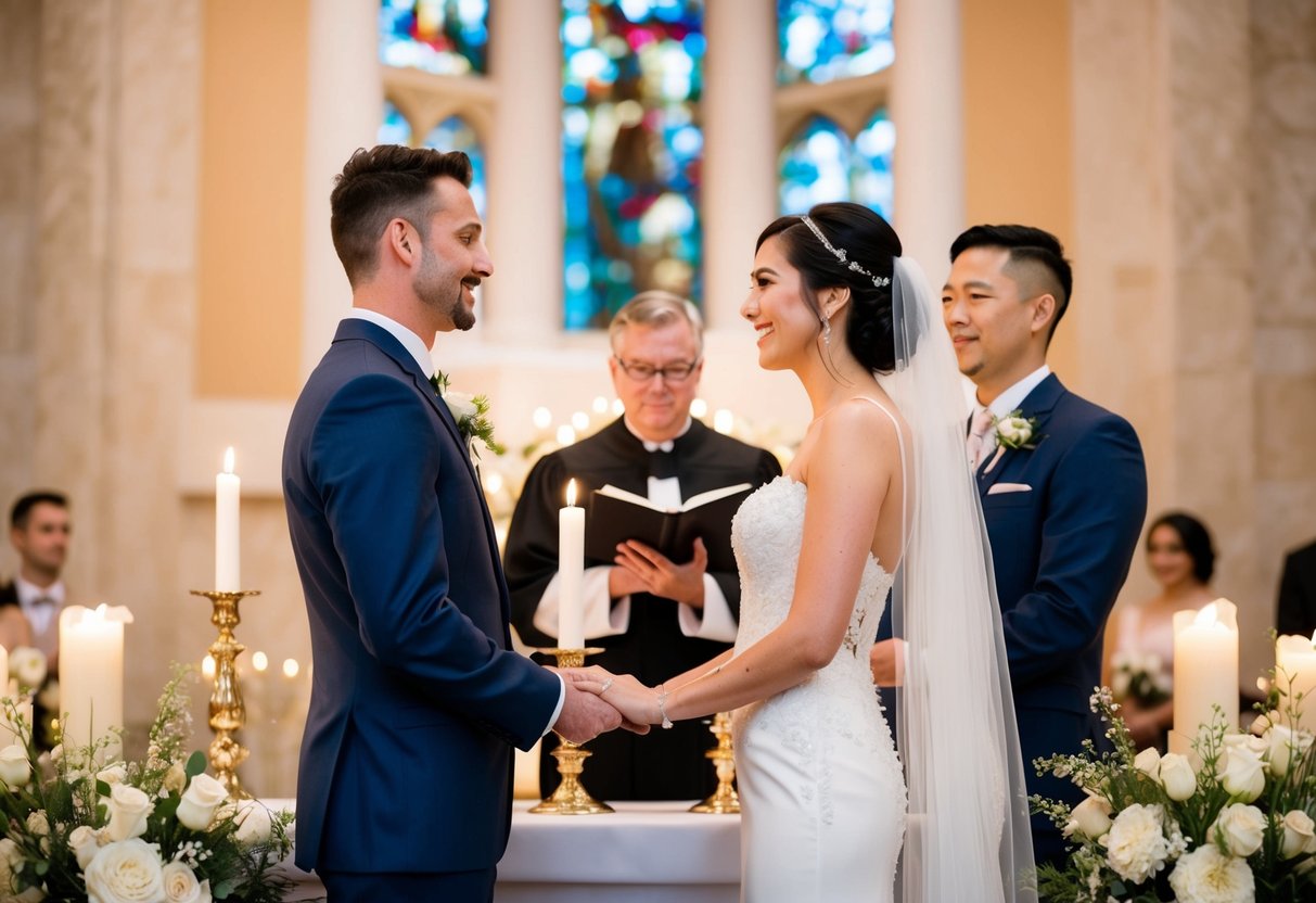 A bride and groom stand facing each other at the altar, surrounded by flowers and candles. The officiant holds a book and looks on as they exchange vows