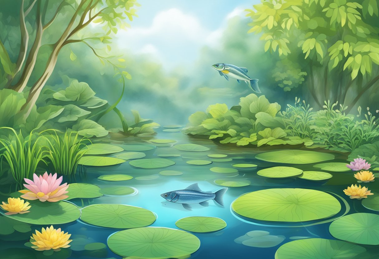 A tranquil pond with aquatic plants and fish, showing the natural process of nitrogen cycling with clear water and healthy aquatic life