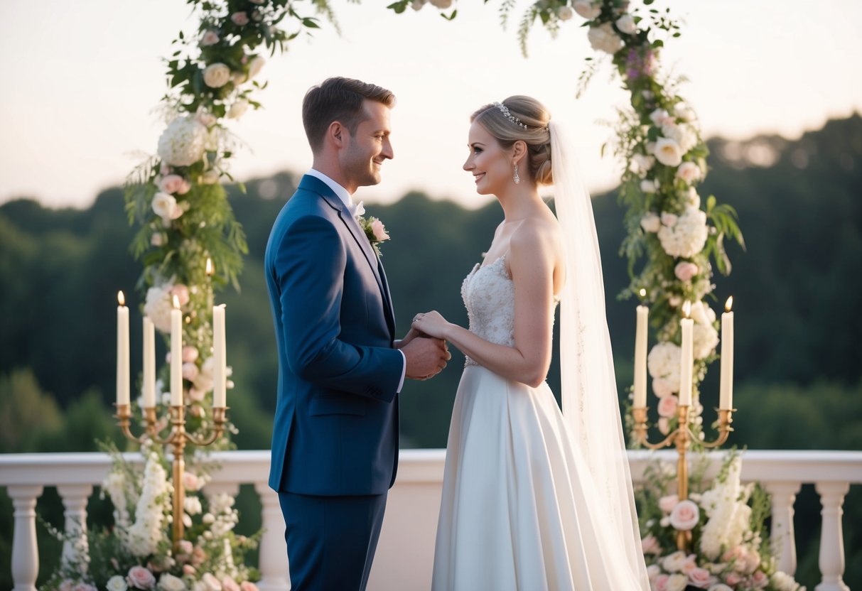 A bride and groom stand facing each other, surrounded by flowers and candles, exchanging wedding vows in a serene and elegant setting