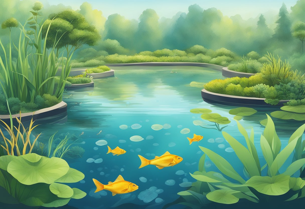 A serene pond with fish swimming among aquatic plants, while beneficial bacteria break down waste, supporting the nitrogen cycle