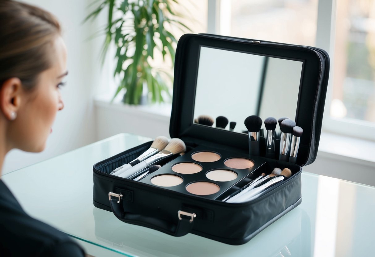 A makeup artist's kit open on a clean, well-lit table, with brushes, palettes, and a mirror, ready for use