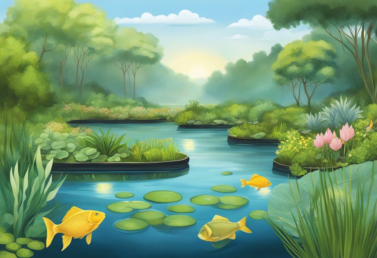 A serene pond with various water plants and fish swimming among them, depicting the importance of the nitrogen cycle for the ecosystem