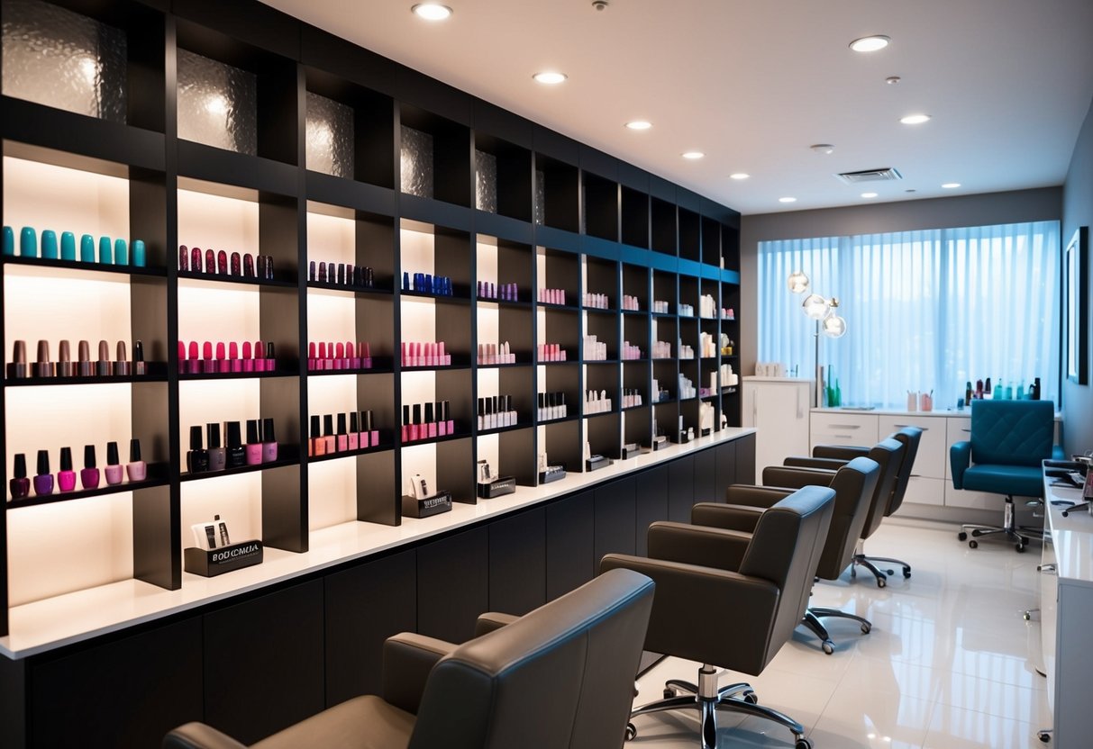 A cozy, modern nail salon with soft lighting and comfortable seating, showcasing a variety of nail polish colors and tools on neatly organized shelves