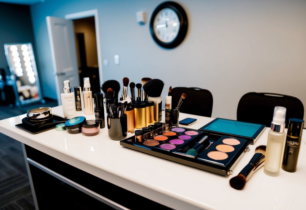 A makeup artist's table with various products and tools set up for application. A clock on the wall shows the time before an event