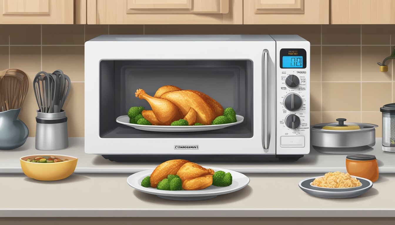 A microwave with a plate of chicken teriyaki covered with a microwave-safe lid, a kitchen timer, and a food thermometer on the counter