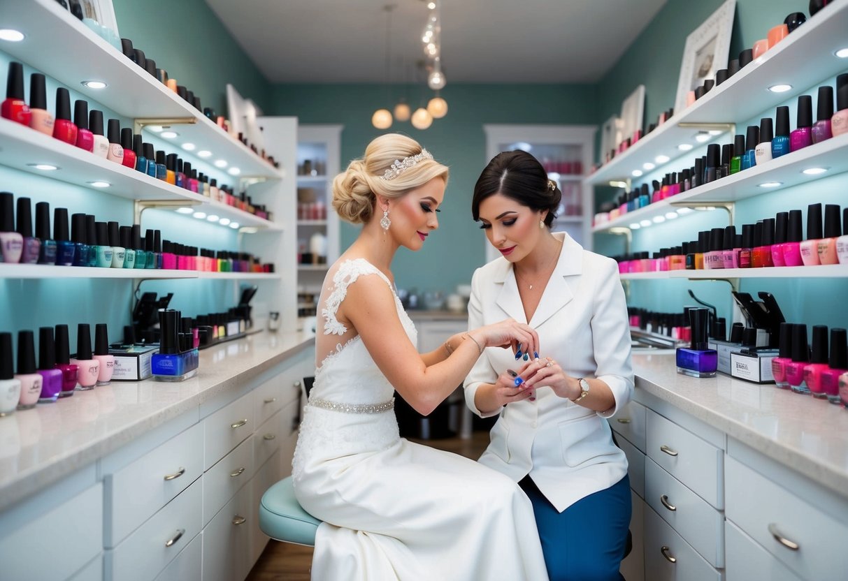 A bride sits in a serene nail salon, surrounded by shelves of colorful polish. A nail technician carefully paints her nails in preparation for her upcoming wedding day