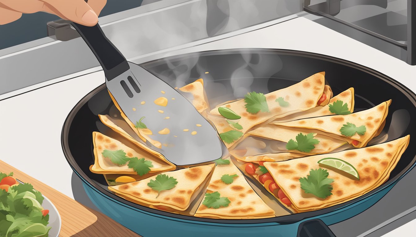 A plate of chicken quesadillas being heated in a skillet, with steam rising and a spatula ready to serve