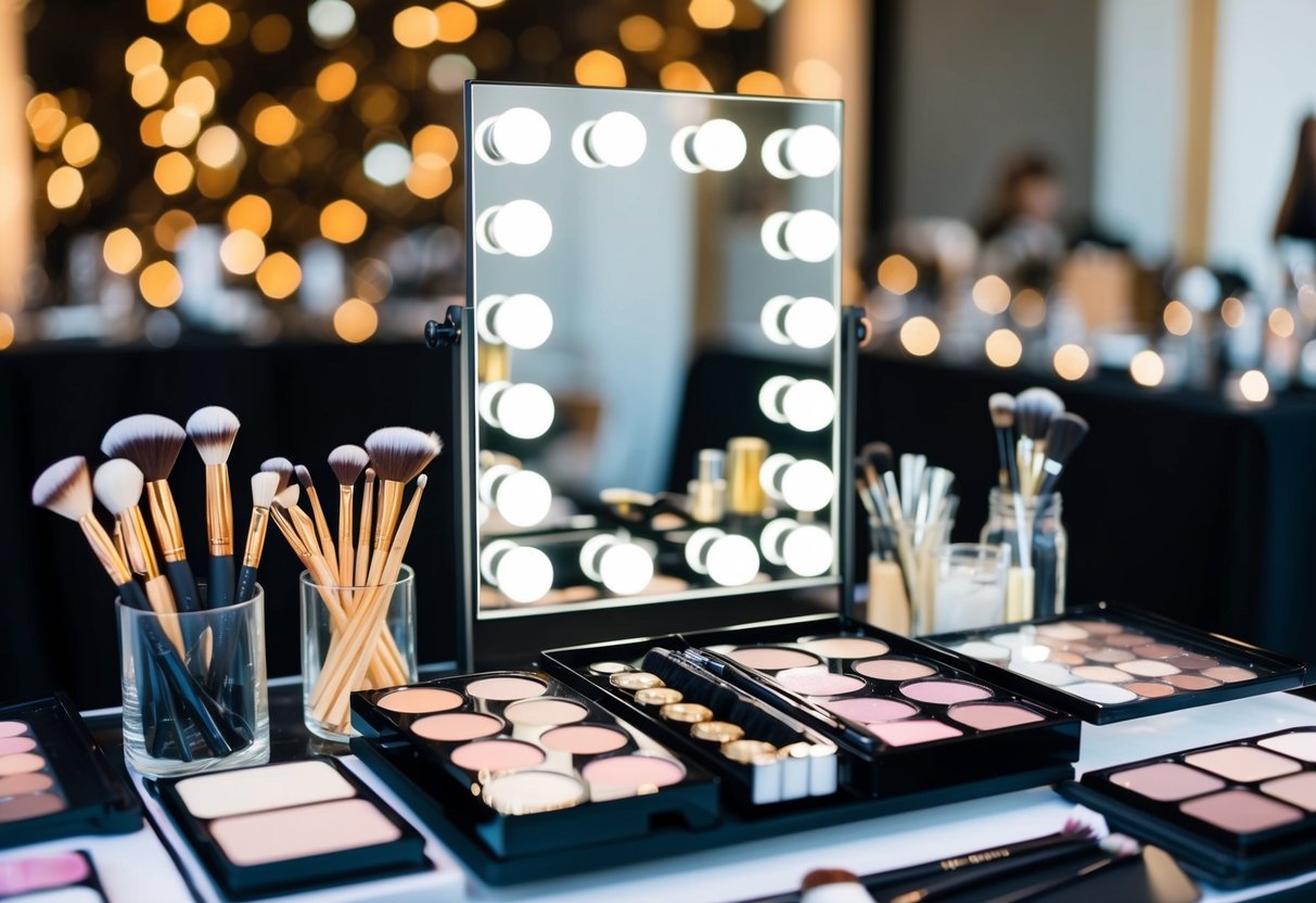 A makeup artist's workstation with brushes, palettes, and a mirror set up for an event