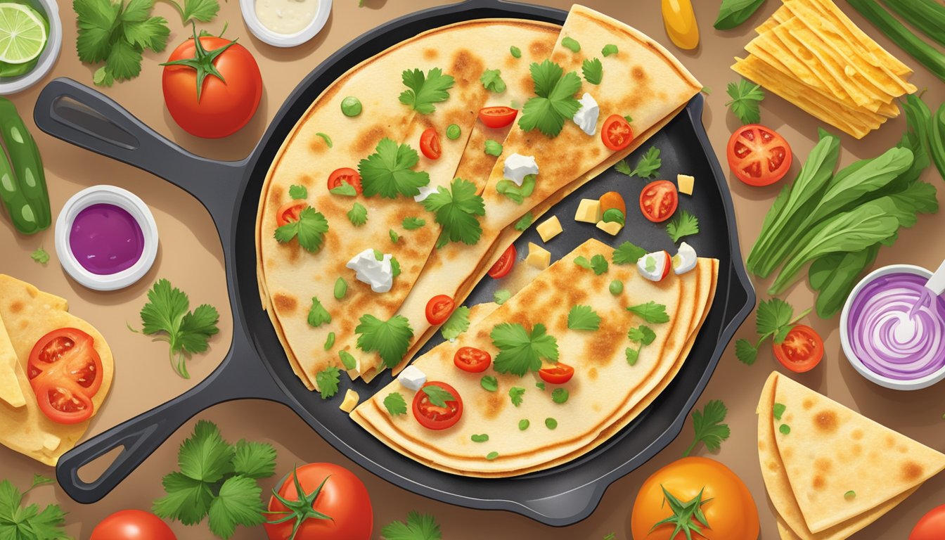 A chicken quesadilla being reheated in a skillet, with steam rising and the cheese melting, surrounded by colorful ingredients like tomatoes and cilantro