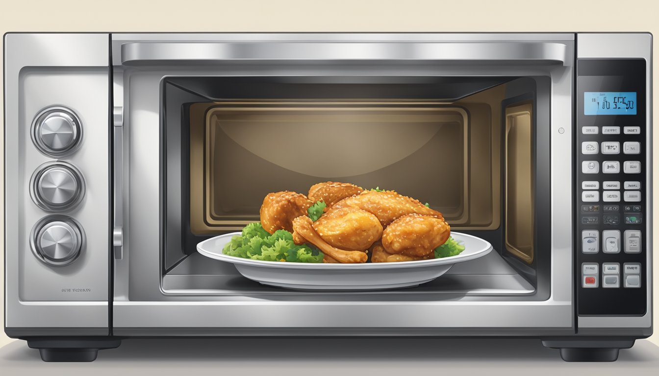 A microwave with a plate of chicken teriyaki covered with a microwave-safe lid