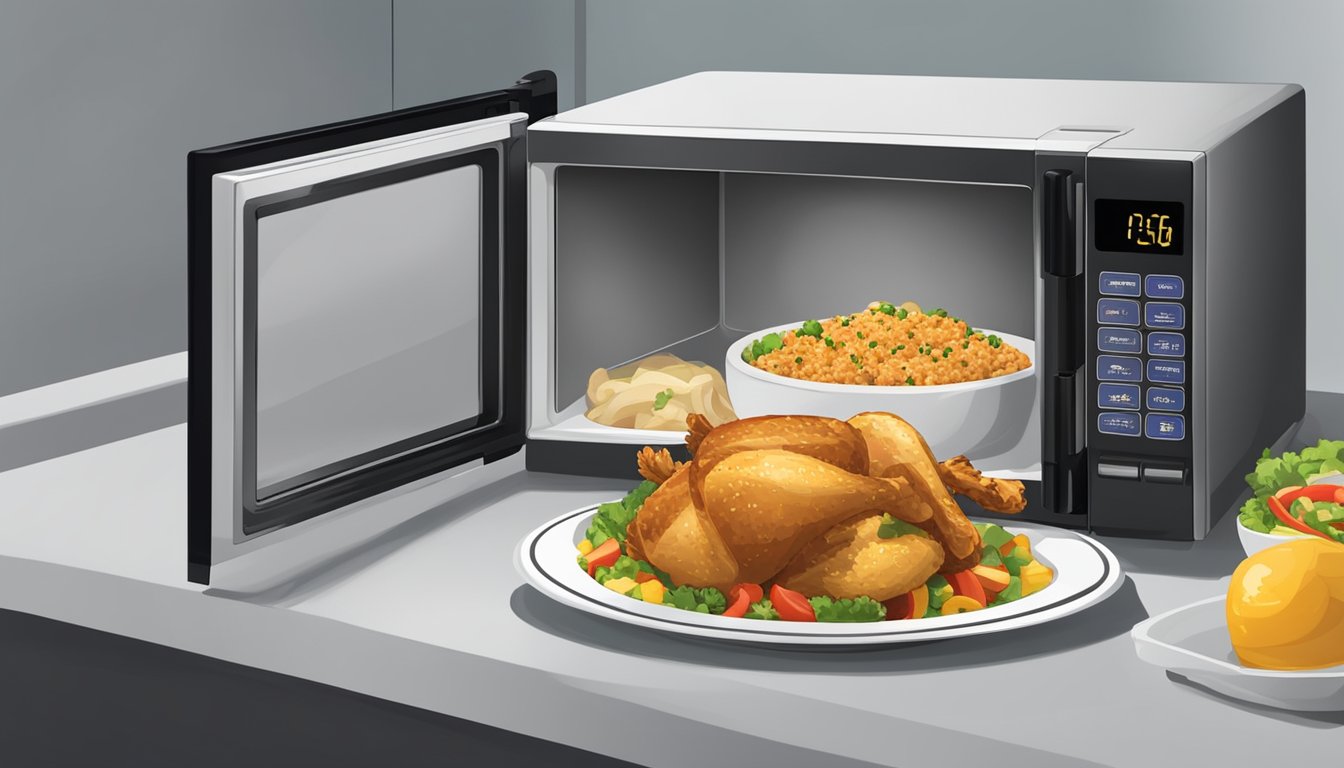 A microwave with a plate of chicken shawarma covered with a microwave-safe lid. A digital thermometer is nearby to ensure the chicken reaches a safe internal temperature