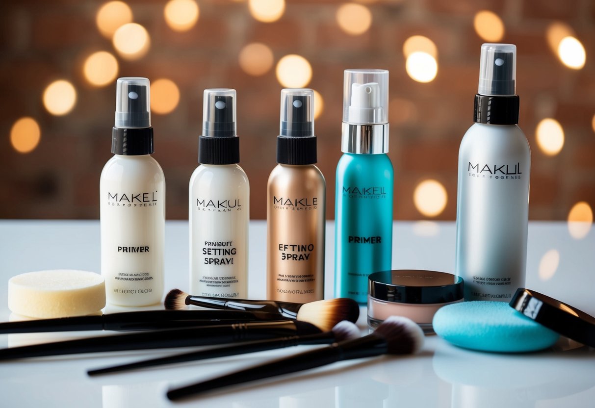 A table with makeup products arranged in order of application, from primer to setting spray, with brushes and sponges nearby