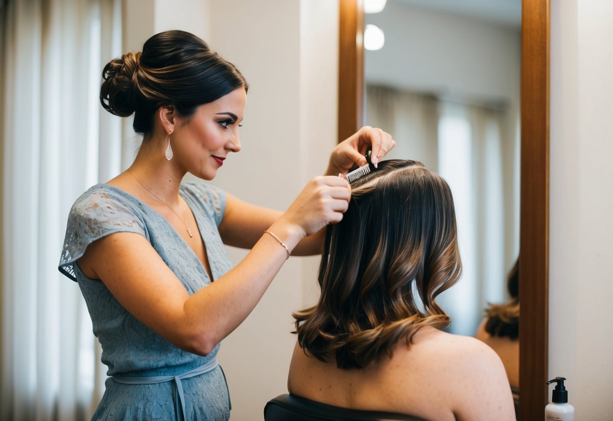 A woman carefully applying hair dye to her roots in front of a mirror, preparing for a wedding