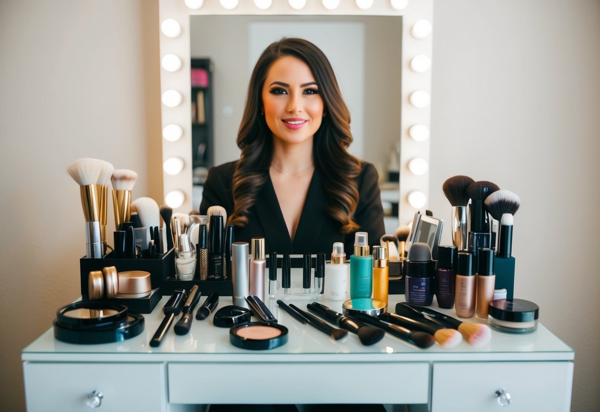 A woman's vanity table with neatly arranged hair styling tools and makeup products in an orderly fashion