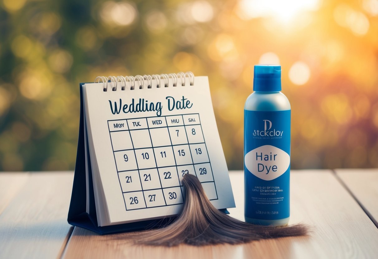 A calendar with a wedding date circled, roots of hair growing out, and a bottle of hair dye next to it