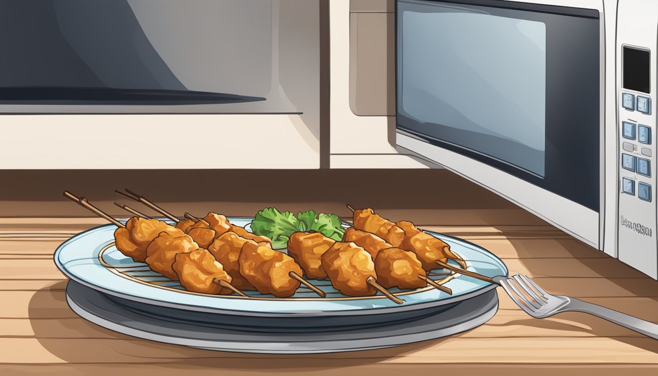 A plate of chicken satay sits on a microwave-safe dish next to a cover. A microwave is in the background with the door open