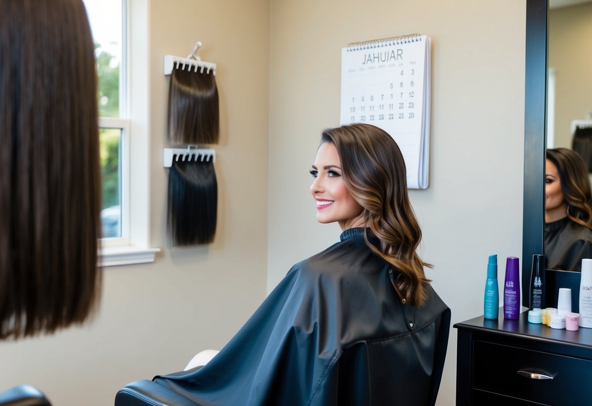 A woman sits in a salon chair, surrounded by hair dye options. A calendar on the wall shows the date of her upcoming wedding
