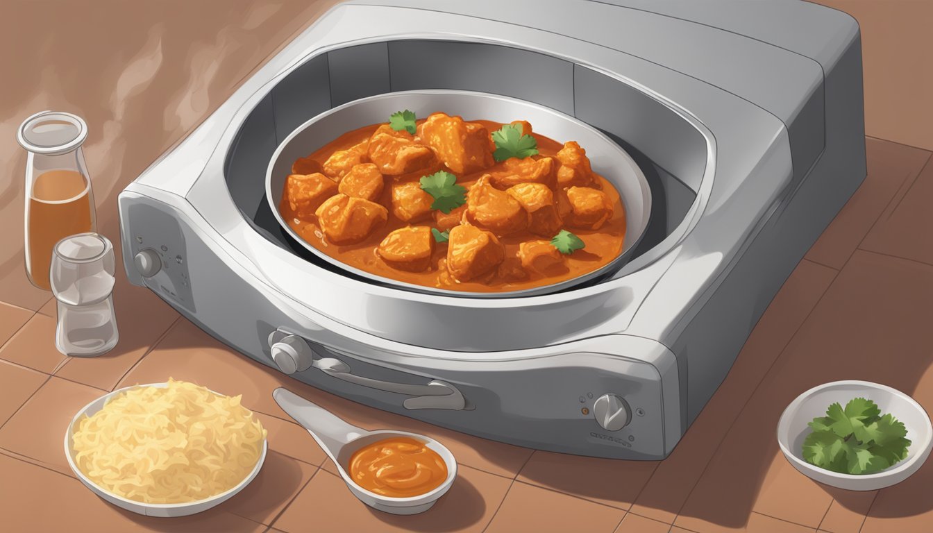 A plate of chicken tikka masala being heated in a microwave