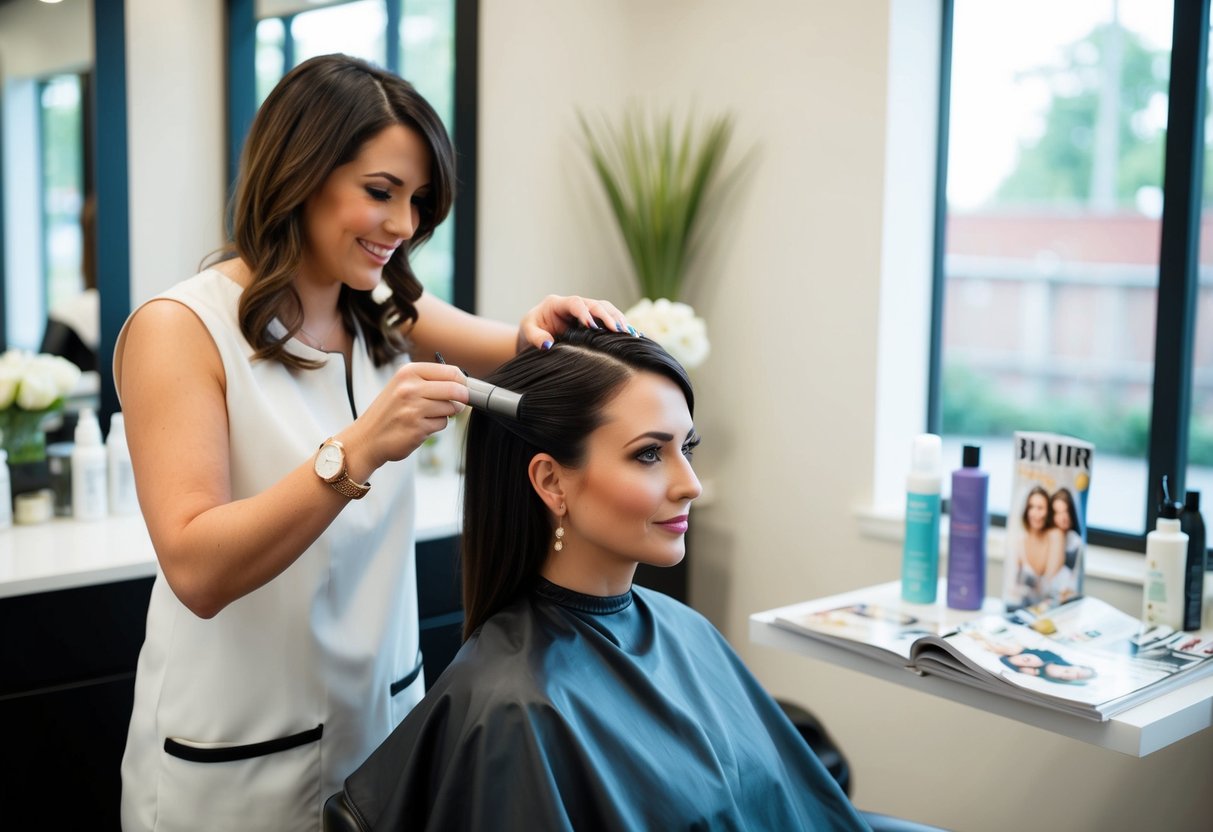 A woman sitting in a salon chair with hair dye being applied to her roots by a stylist, surrounded by hair care products and wedding magazines