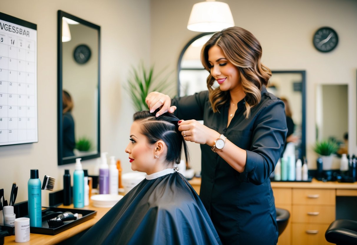 A hairstylist carefully applies dye to roots in a well-lit salon, surrounded by styling tools and products. A calendar on the wall indicates the upcoming wedding date