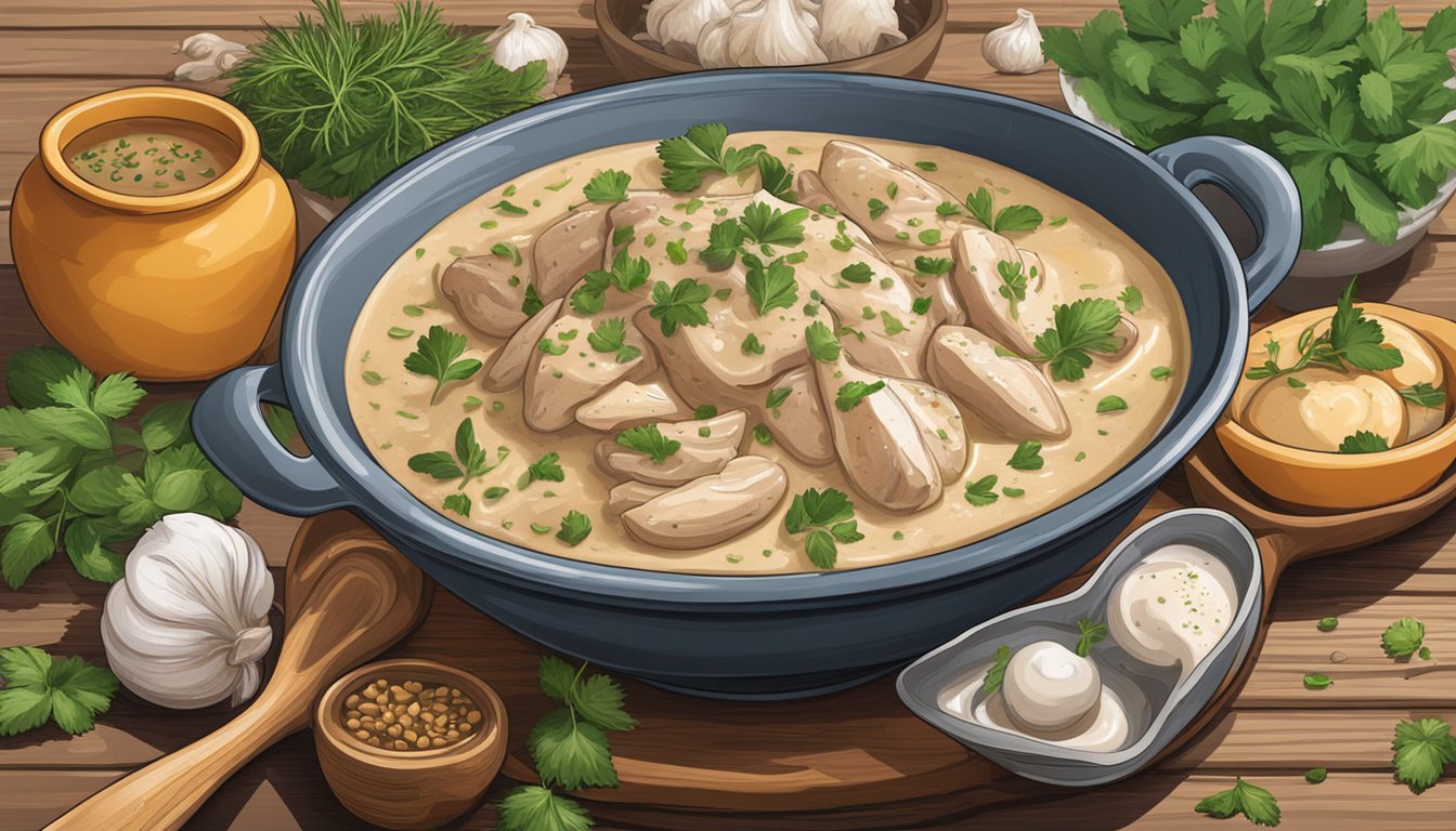 A steaming bowl of chicken stroganoff sits on a rustic wooden table, surrounded by fresh herbs and spices. A hint of steam rises from the creamy sauce, enticing the viewer with its rich aroma