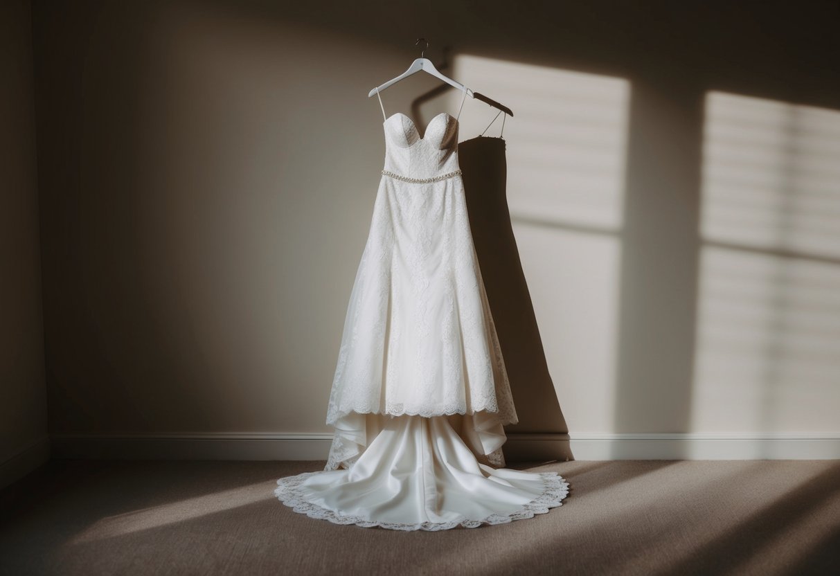 A wedding dress hanging in a dimly lit room, with a subtle shadow cast on the floor