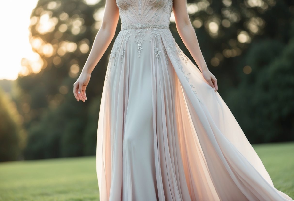 A flowing, elegant dress in a soft, pastel shade, adorned with delicate lace and shimmering details