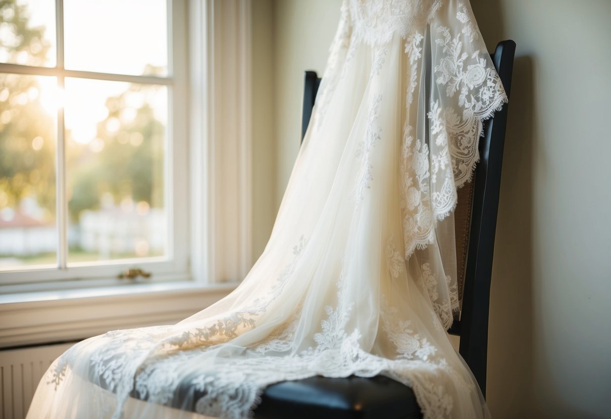 A wedding dress draped over a chair, with soft sunlight streaming through a window onto the delicate lace and flowing fabric