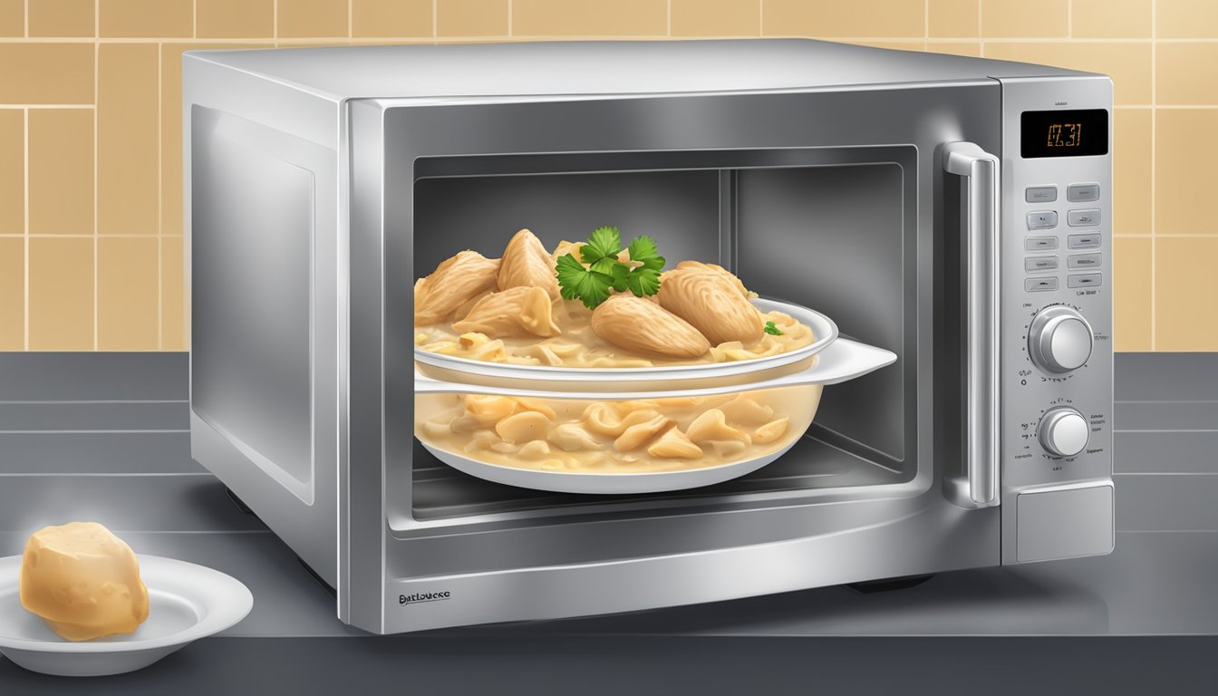 A microwave with a plate of chicken stroganoff inside, steam rising from the dish