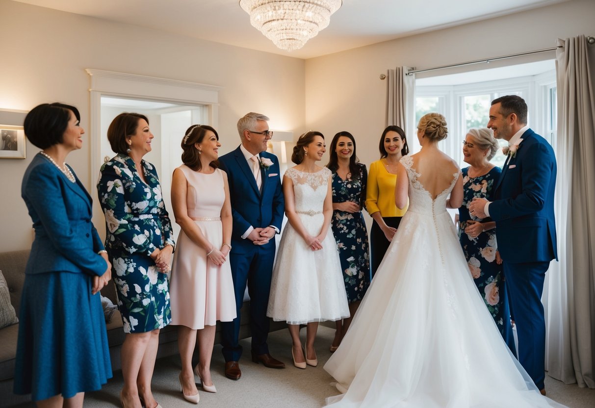 A group of family and friends gather around a wedding dress, admiring its beauty and discussing the superstition of bad luck associated with seeing the bride in the dress before the wedding