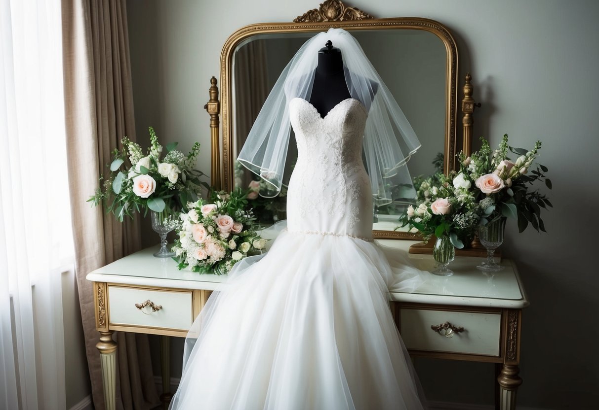 A bride's wedding dress, veil, and bouquet arranged on a vintage vanity with a mirror, surrounded by soft lighting and flowers