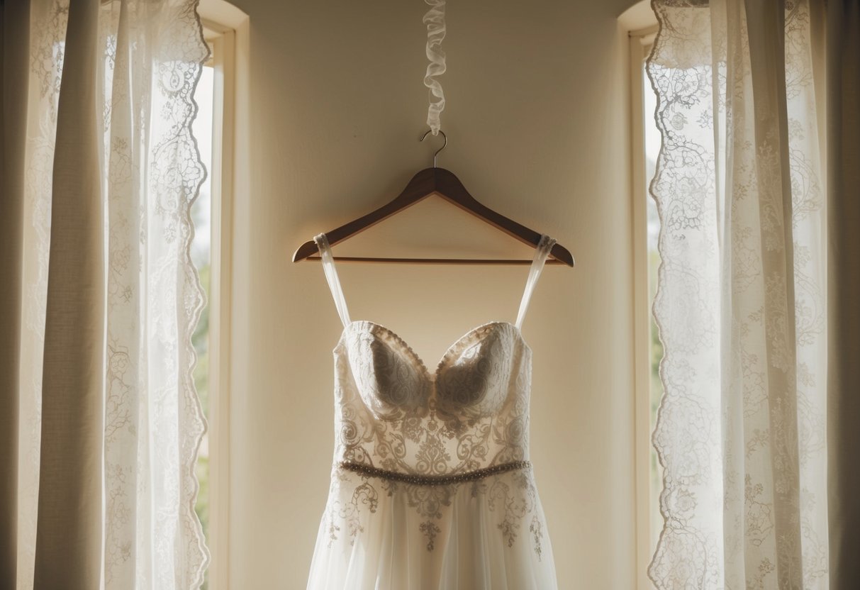A wedding dress hanging on a vintage wooden hanger, bathed in soft natural light filtering through lace curtains