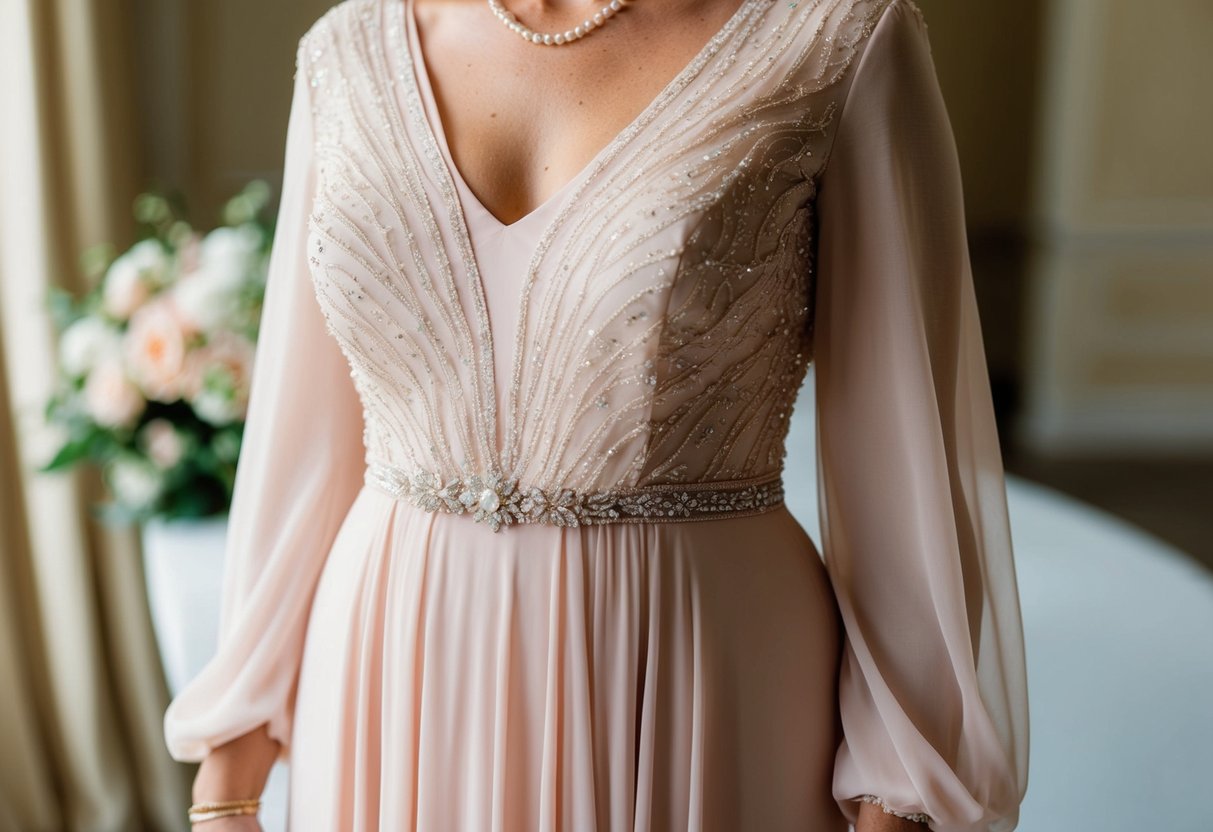A mother of the bride's dress in a soft, elegant color, such as pastel pink or champagne, with delicate lace or beaded details