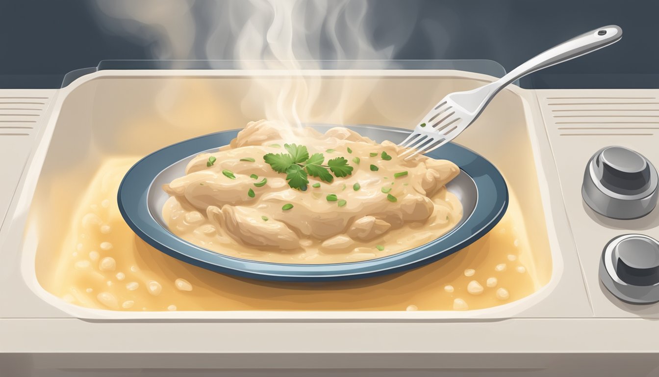 A plate of chicken stroganoff being reheated in a microwave, steam rising from the creamy sauce as it bubbles and the chicken warms through