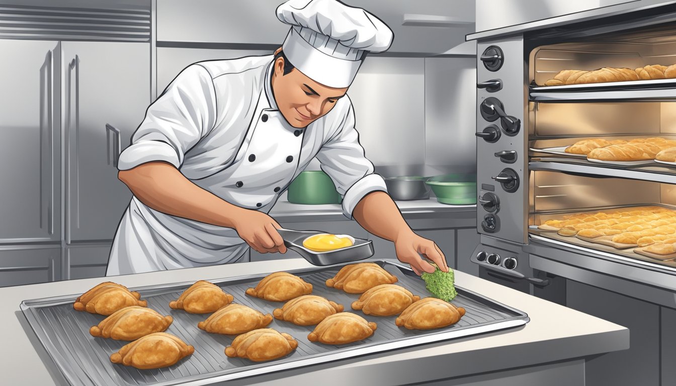 A chef placing a chicken wellington on a baking sheet, preheating the oven, and brushing the pastry with egg wash