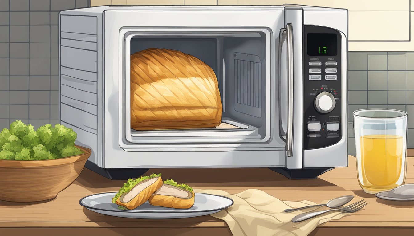 A microwave with a plate of chicken Wellington covered with a damp paper towel