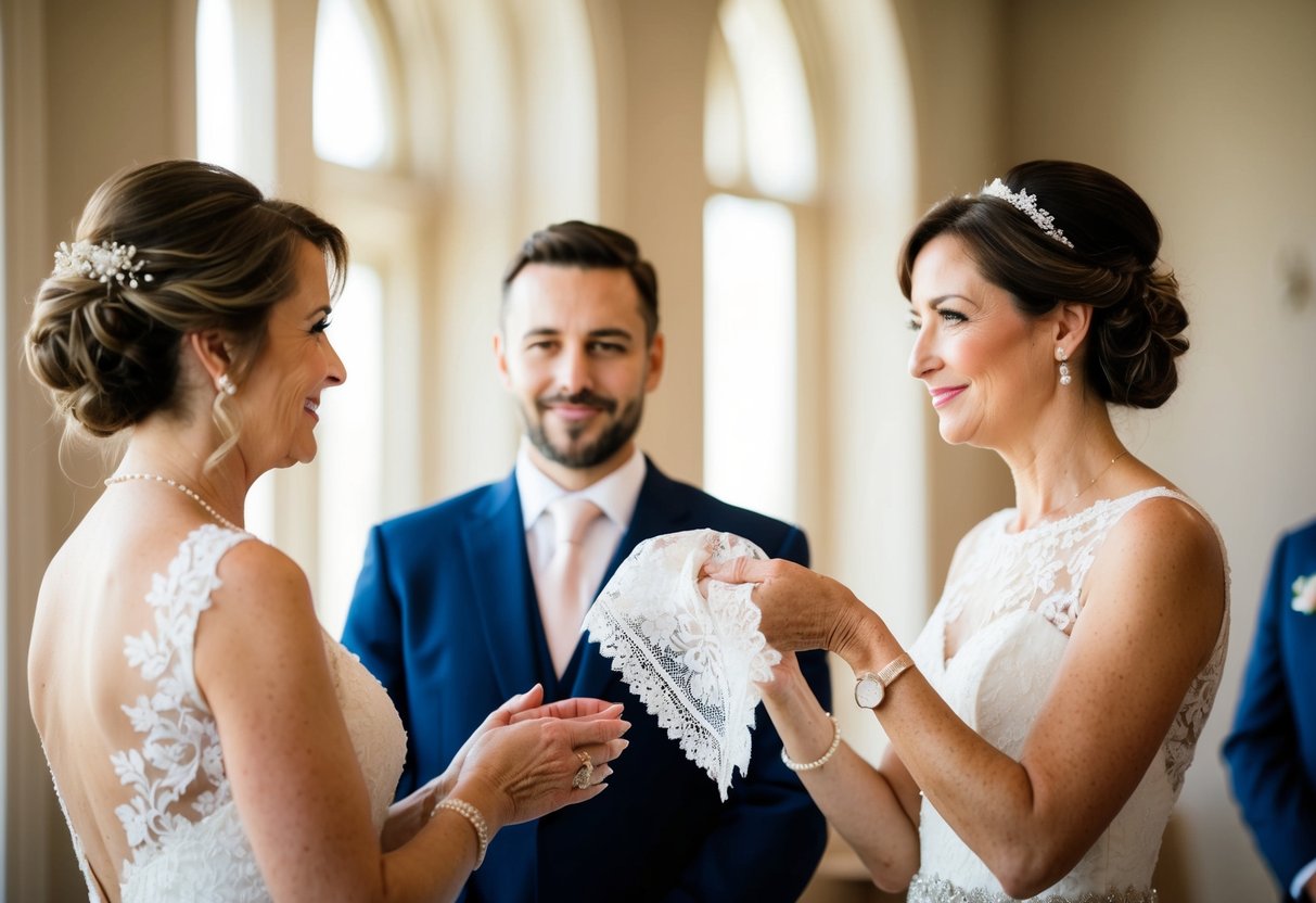 The mother of the groom presents the bride with a delicate lace handkerchief as a special gesture