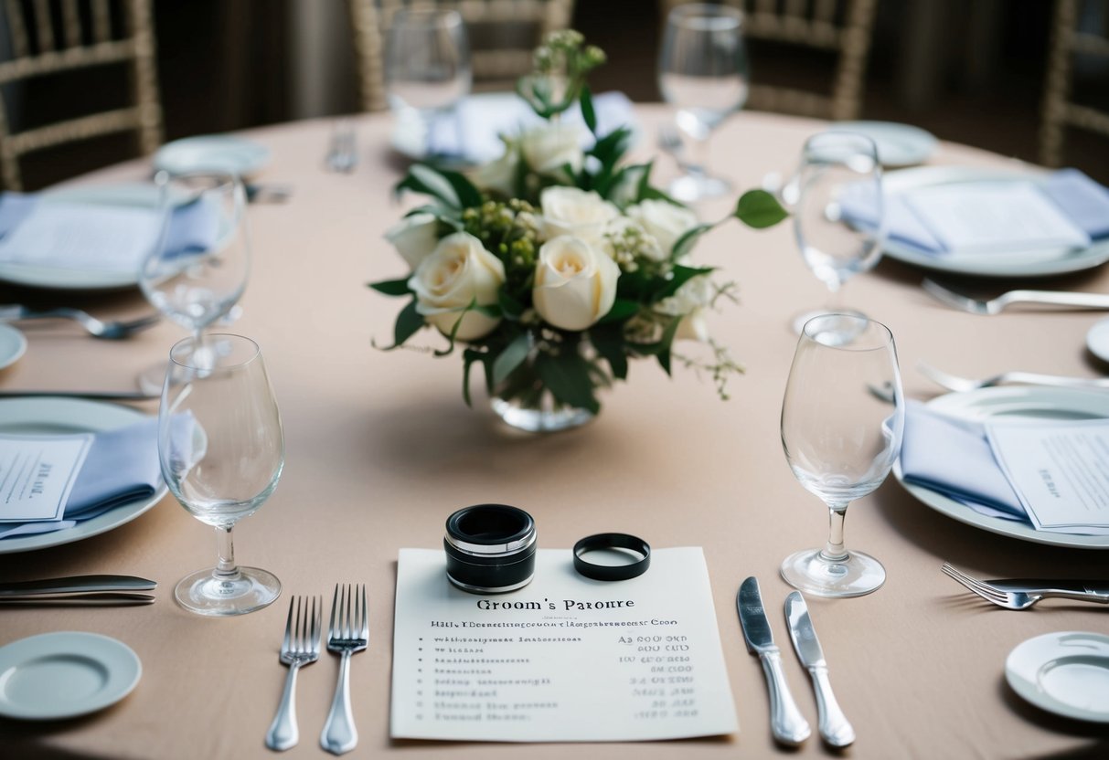 A table set with traditional wedding expenses for the groom's parents, including items like attire, transportation, and rehearsal dinner arrangements