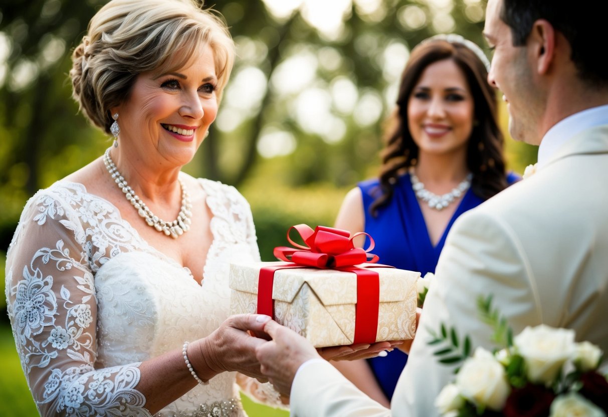 The mother of the groom presents a beautifully wrapped gift to the bride, with a warm and welcoming smile on her face
