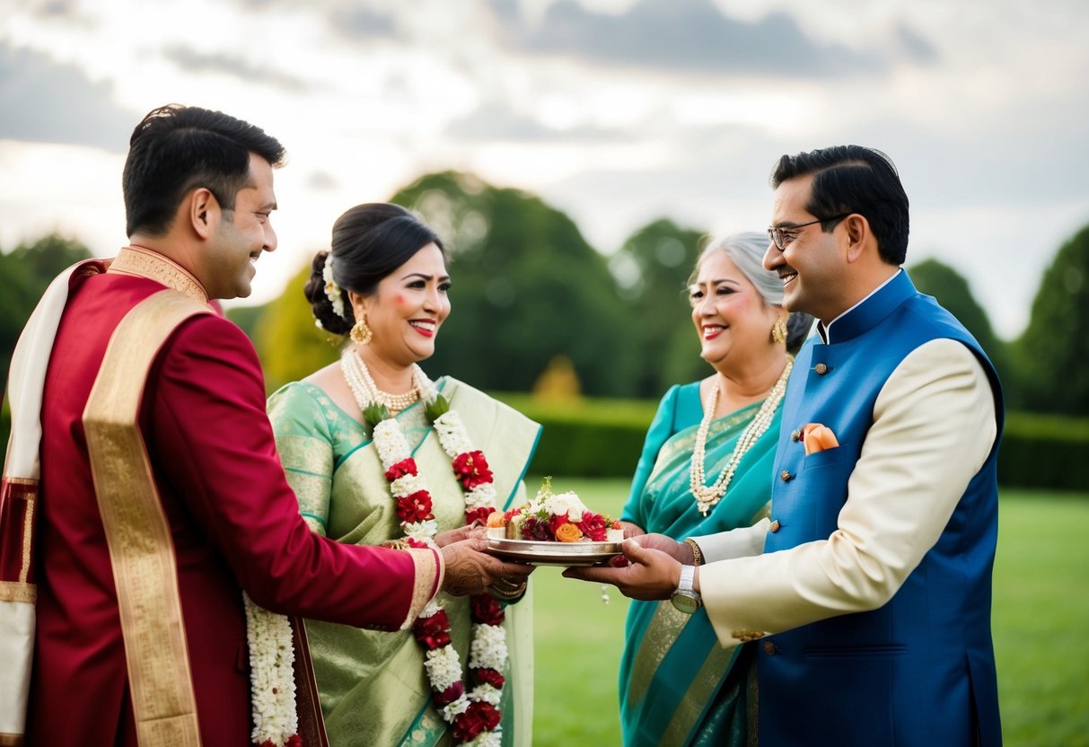 A traditional scene of the groom's parents contributing financially to pre-wedding expenses such as the engagement party, rehearsal dinner, and the wedding itself