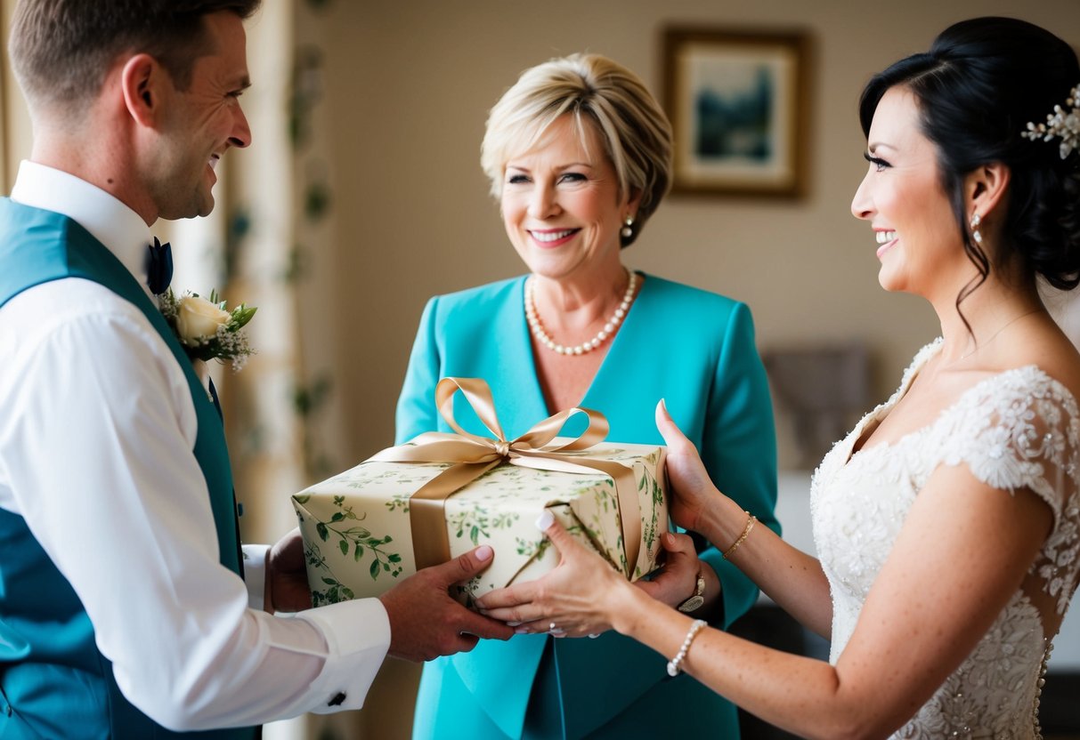 The mother of the groom presents a beautifully wrapped gift to the bride, with a warm smile and a gesture of welcome