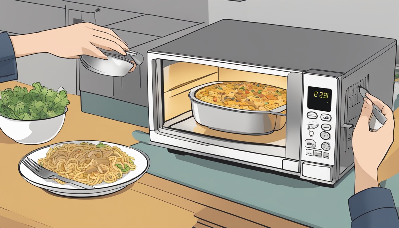 A microwave with a plate of chicken tetrazzini inside, a fork beside it, and a person pressing the buttons to set the timer