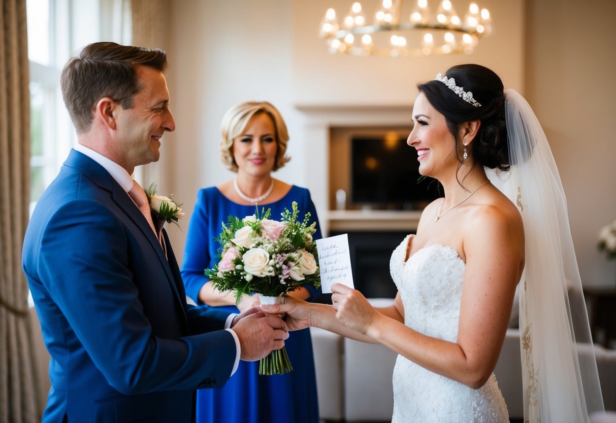 The mother of the groom presents the bride with a bouquet of flowers and a heartfelt note