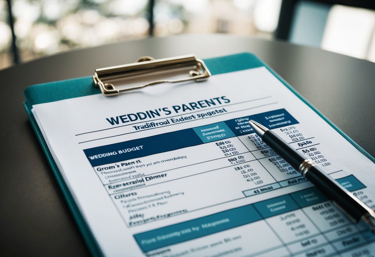 A table with a wedding budget spreadsheet, including categories for groom's parents' traditional expenses such as rehearsal dinner, attire, and contributions to the wedding