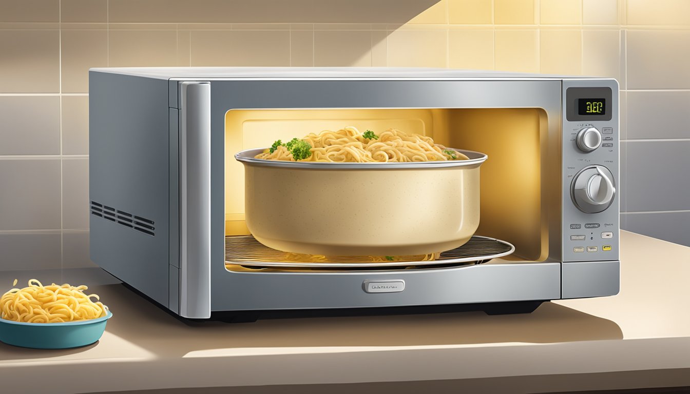 A microwave with a plate of chicken tetrazzini inside, steam rising from the dish as it heats up