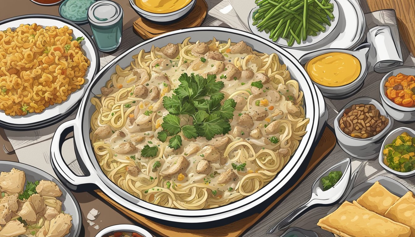 A steaming dish of chicken tetrazzini surrounded by an array of colorful side dishes and accompaniments on a table