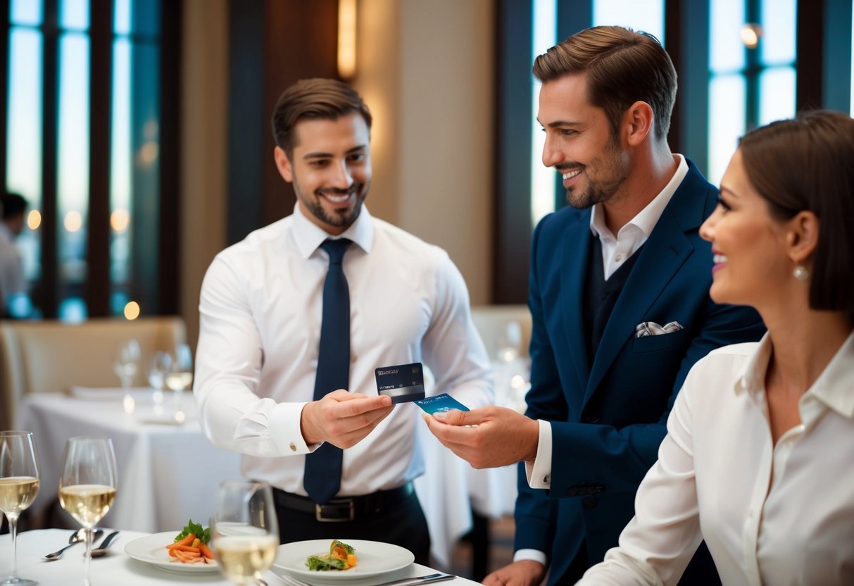 A man presents a credit card to the waiter at a fancy restaurant, while a woman looks on with a smile