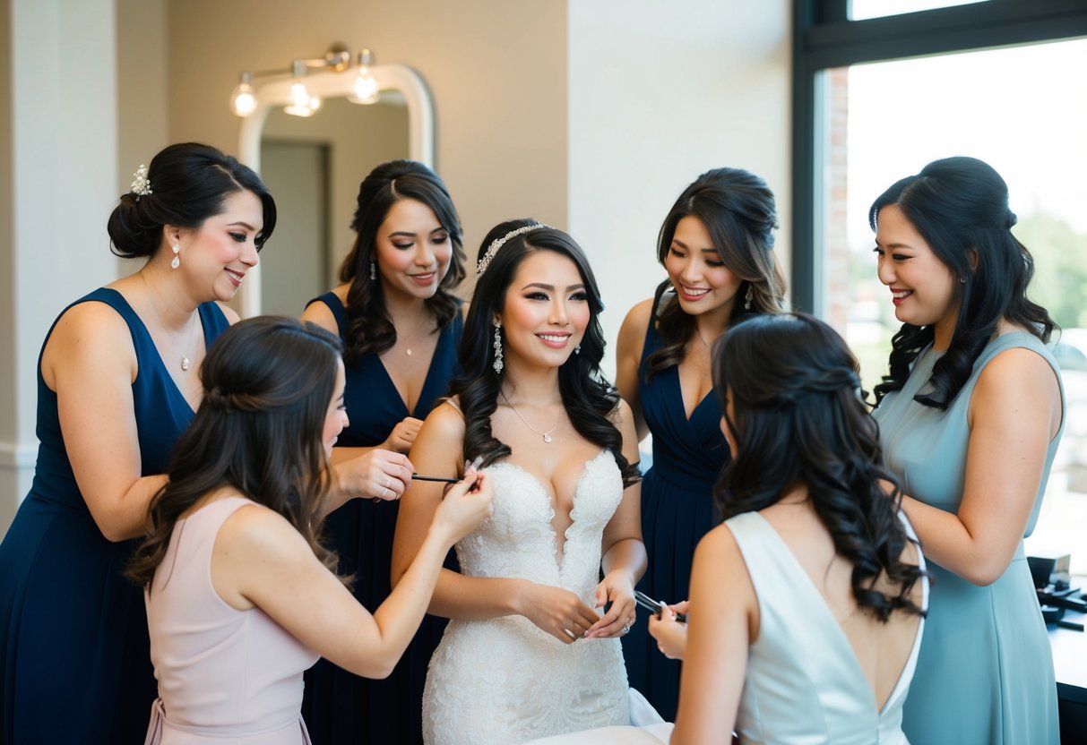 A group of women gather around the bride, assisting with her hair, makeup, and dress