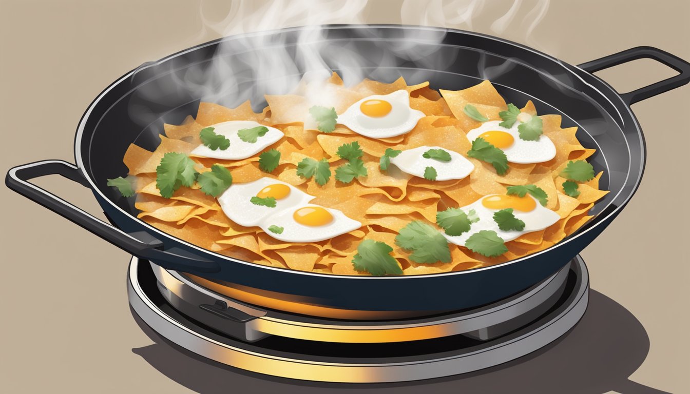 A plate of chilaquiles being heated in a skillet on a stovetop, with steam rising from the sizzling dish