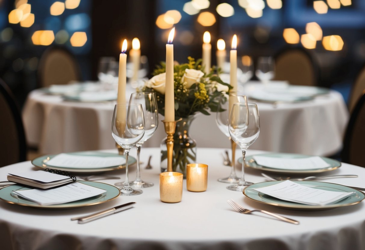 A table set with elegant dinnerware and candles, with two place settings facing each other. A checkbook and pen sit on the side
